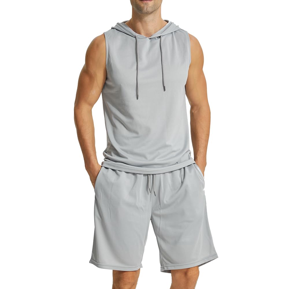 LANBAOSI 2 Piece Outfit Sets Athletic Tracksuit Set Summer Casual Short Sportswear Sleeveless Hoodies for Men Workout