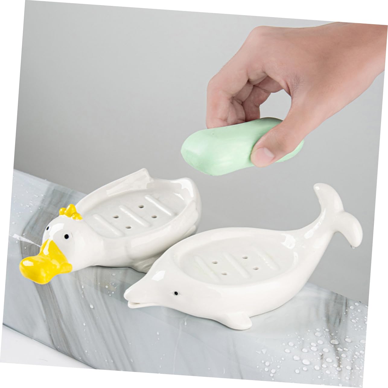 Jabonera de Cerámica Animal Marino Blanco 2 Piezas para Baño | Autodrenaje, Soporte para Esponja y Joyas, Decoración de Aseo, Obsequio de Inauguración