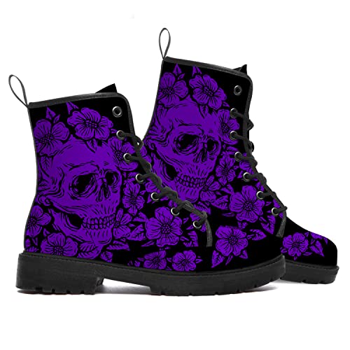 Quoten Skull Boots Mens Womens Combat Boots Ankle Booties Skull Purple Floral Work Boot Shoes Gifts For Boy Girl,Size 7.5 Men/9 Women Black #TOP2