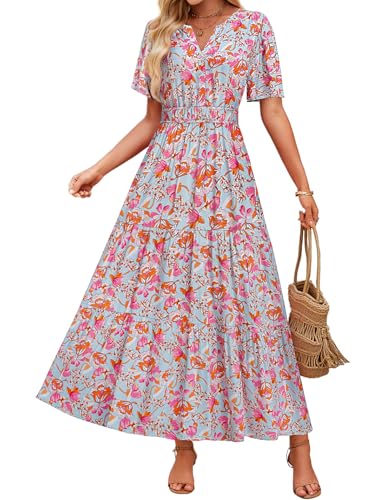 ZESICA Women's 2025 Summer Floral V Neck Maxi Dress Short Sleeve ...