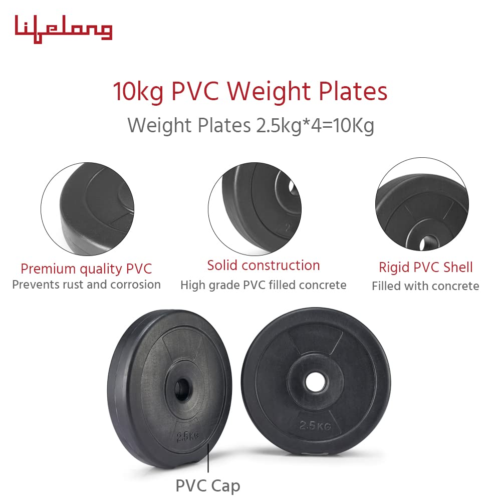 Lifelong LLPVCHGC04 PVC Home Gym Set 10kg Plate with Extension Barbell Rod and Dumbbells Rods with Gym Accessories for Home Workouts ( Black , 6 Months Manufacturer's Warranty) 2