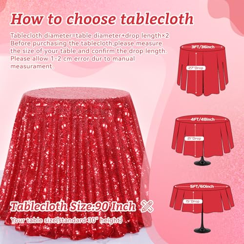 Image of B-COOL Sequin Tablecloth Red Party Decorations: Round Tablecloth Overlay 90 Inch Sparkle Fabric for Birthday Beach Parties Christmas Table Decor