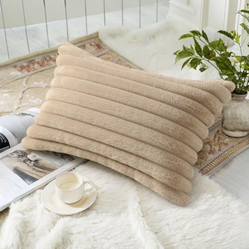 Image of decorUhome Fall Cozy Faux Fur Throw Pillow Covers 12x20 Set of 2 Decorative Soft Plush Striped Lumbar Modern Farmhouse Boho Couch Pillow Cases with Velvet Back for Sofa Bed Living Room, Khaki Brown