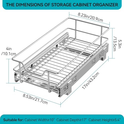 Image of Pull Out Cabinet Organizer 9 inch W X 17 inch D, Chromed, Full Slide Out Drawers