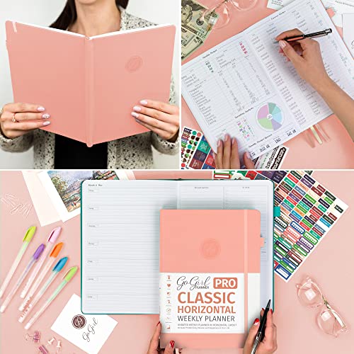 Gogirl Planner Pro - Undated Horizontal Layout Weekly Planner And Organizer + Budgeting And Expense Tracking Pages, Goals Journal & Agenda, 7" X 10" Hardcover, Lasts 1 Year - Peach Pink #TOP6