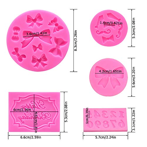 5 Pcs Silicone Fondant Molds, Cillife Set Of 2 Bowknot + Happy Birthday +Number 0-9+Mini Bow Ties Beard Shaped Chocolate Candy 3D Mold For Cake Cupcake Topper Decoration Cookie Decor Pastry #TOP1