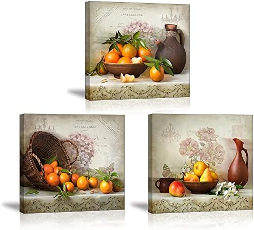 Fruits Canvas Wall Art, Oranges In Basket Pears In Bowl Vintage Picture, Flowers On Talbe Retro Painting, Perfect Combination of Antiques and Fine Art Home Decor For Kitchen Dining Room (Waterproof)