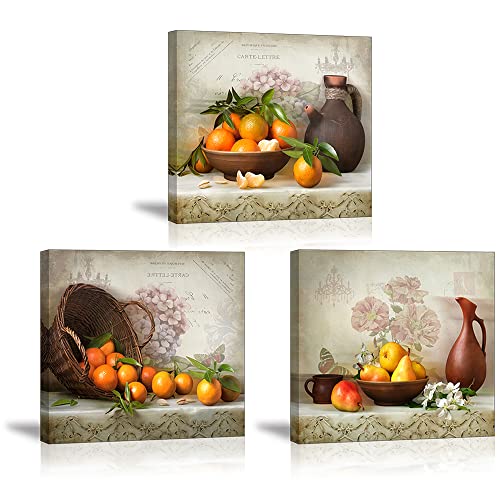 Fruits Canvas Wall Art, Oranges In Basket Pears In Bowl Vintage Picture, Flowers On Talbe Retro Painting, Perfect Combination Of Antiques And Fine Art Home Decor For Kitchen Dining Room (Waterproof) #TOP15