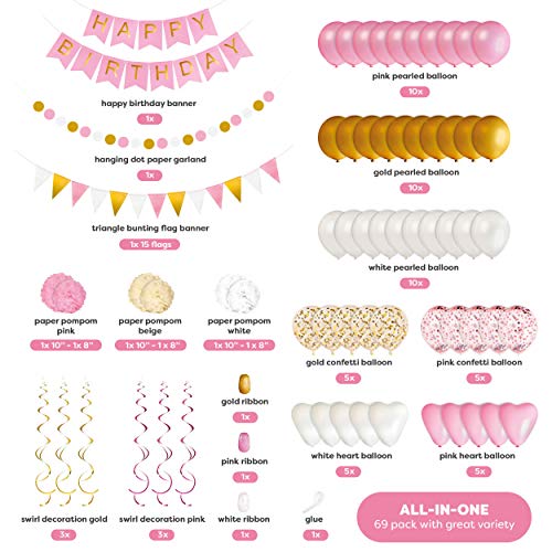 Verjaardag Feest Versiering voor Meisjes en Vrouwen | Happy Birthday Banner, Pompons, Ballonnen, Confetti Ballonnen… - Image 3