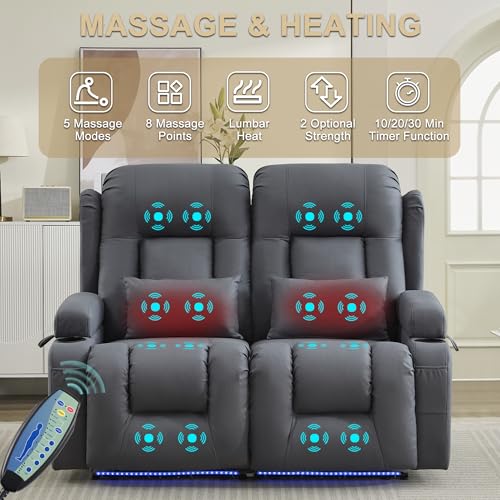 Image of URRED Loveseat Recliner Sofa with Massage and Heat, Power Reclining Loveseat Sofa RV Couch Home Theater Seating with LED Lights, Cup Holders, Side Pockets, USB, Pillows, Leathaire Blue