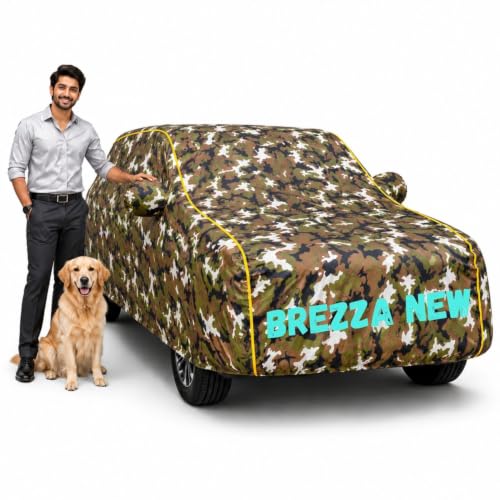 Image of Waterproof Car Cover for Brezza New | Soft Cotton Lining Heavy Duty Triple Stitched Heat Resistant Outdoor Cover Comes with Mirror and Antenna Pocket Full Bottom Elastic (Zig Zag Jungle)