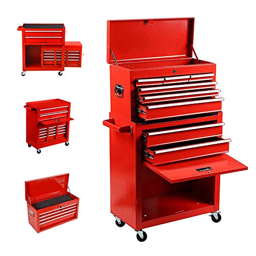 8-Drawer Tool Chest,Rolling Tool Cabinet and Big Tool Storage Boxes, Portable Removable Big Tool Chest with 4 Wheels and Sliding Metal Keyed Locking System Drawers (Red)