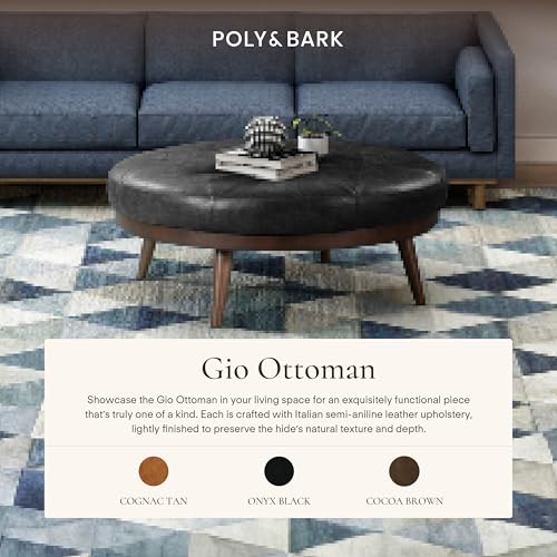 Image of POLY & BARK Gio Ottoman - 30 inch Round with Feather-Down Topper - Full-Grain Leather Upholstery - Couch Ottoman for Living Room - Italian Leather in Onyx Black