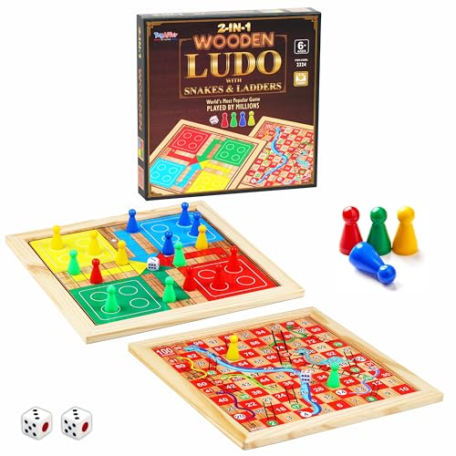 Image of ToyAffair 2 in 1 Wooden Ludo and Snakes Ladders Board Game (31 x 31 cm) Double Sided Family Strategy Game Set for Kids and Adults Age 6 + 2 to 4 Players Indoor Travel Board Game
