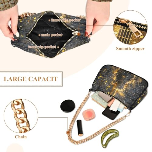 Zipper Ladies Shoulder Bag Musical Notes Guitar Brick Wall Tote Handbags Trendy Womens Hobo Evening Purse with Chain Strap4