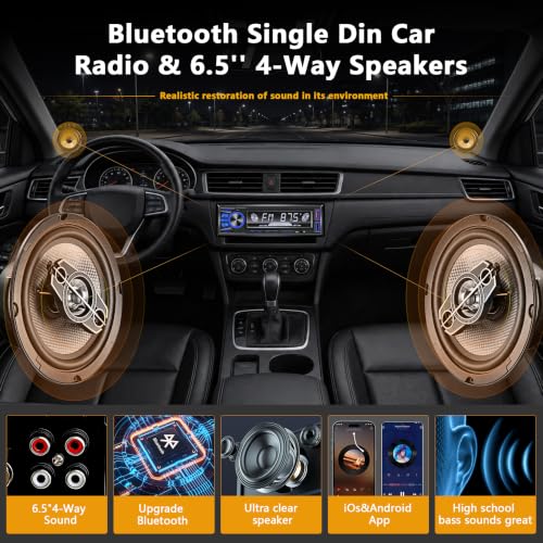 Image of Car Stereo with Speakers, Single Din Radio Bluetooth,Hands-Free Calling, FM MP3 EQ, SD AUX Dual USB Port, iOS Android App Control, 6.5 Inch 4 Way Full Range Coaxial Car Speakers
