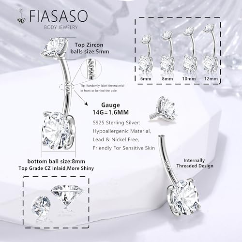 FIASASO 14G Surgical Steel G23 Titanium Sterling Silver 14K Gold Belly Button Rings for Women Round Cubic Zirconia Navel Barbell Stud Hypoallergenic Body Piercing Jewelry2