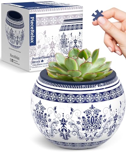 Image of PieceRelax 3D Puzzle Planter - Classic Ornamental Style - Small Round Plant Pots with Drainage, for Mom, Home Decor Flower Pots for Indoor Cactus, Succulents Pots [K1103]