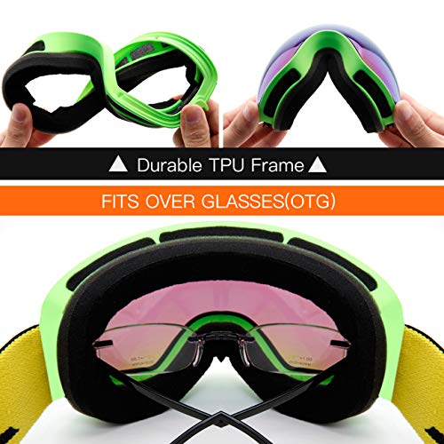 Image of JULI Kids Ski Goggles,Interchangeable Double Layer Spherical Lens,OTG Anti-Fog Snowboard Skate Snow Goggles Age 4-16 4300(Green)