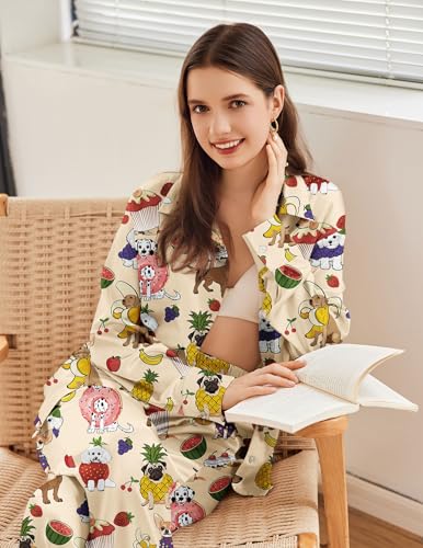 Ekouaer Womens Satin Silky Pajama Set 2 Piece Print PJs Soft Loungewear Button Down Sleepwear with Elastic Waist Long Pants