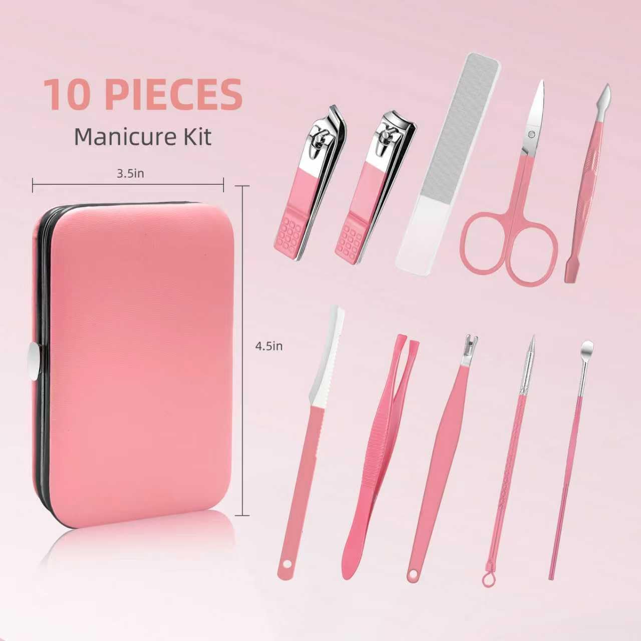 Andrea Juego de manicura, kit de 10 piezas de cortaúñas profesional de acero inoxidable, kit de manicura portátil, kit de pedicura (rosa)