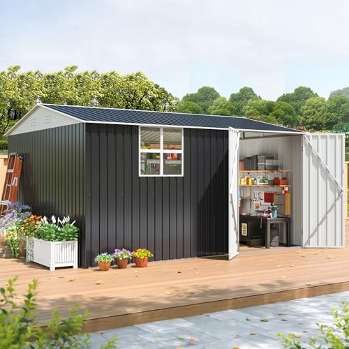 Image of AirWire 12x10 FT Outdoor Metal Storage Shed with Window, Heavy-Duty Galvanized Steel Tool Shed with Lockable Doors, Waterproof Garden Shed for Backyard, Patio, Lawn, Black