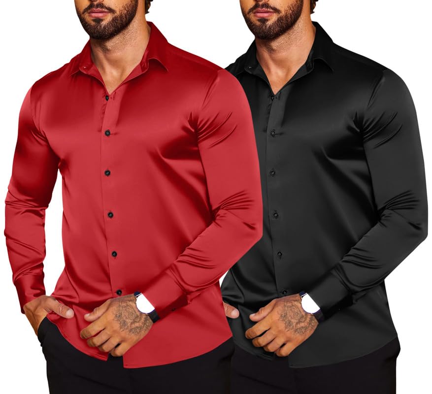 Image of Combo of Men's Premium Satin Cotton Shirt with Full Sleeves & Spread Collar | Smooth Finish | Slim Fit | Stylish Button Down Shirt for Evening, Casual Pack of 2
