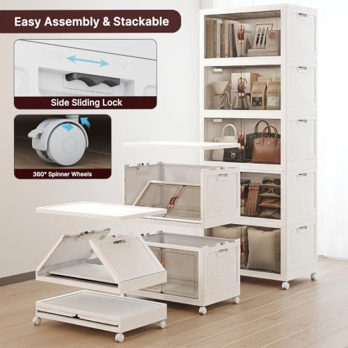 Image of Stackable Storage Bins with Lids, 550QT Lockable Storage Cabinet | Closet Organizers, Foldable Storage Box with Doors and Wheels, Plastic Drawers for Home, Garage, Office (5, White, Plus)
