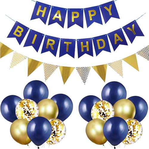 Luftballons Geburtstag Dekoration Set, Marineblau Gold Geburtstagsdeko Happy Birthday deko Banner Set mit Marineblau Gold Luftballons Konfetti Ballons Dreiecksflaggen Girlanden（NB+GD+SJQ）