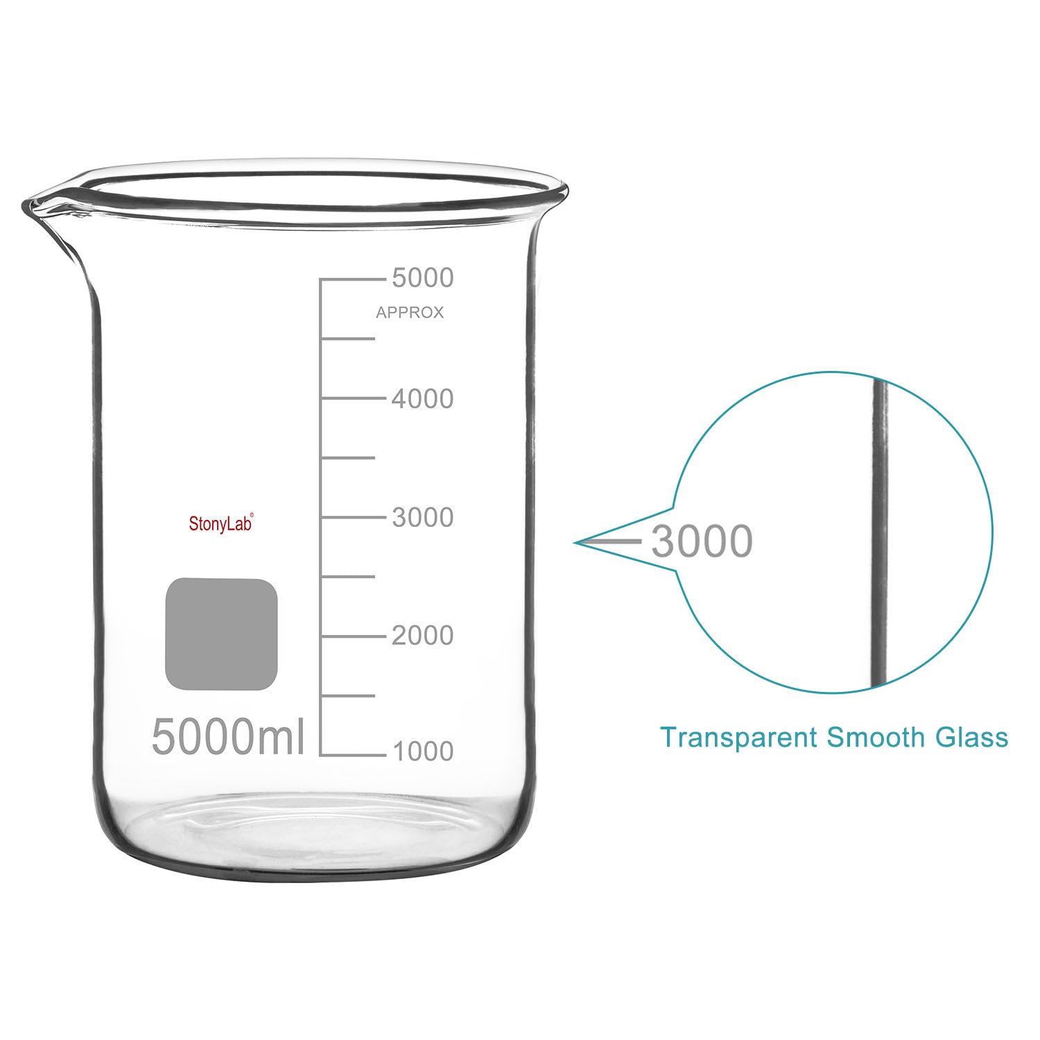 stonylab Glass Beaker, 1 Pack Borosilicate Glass Graduated Low Form Griffin Beaker with Pouring Spout Lab Beaker, 5000 ml — Amazon image 3