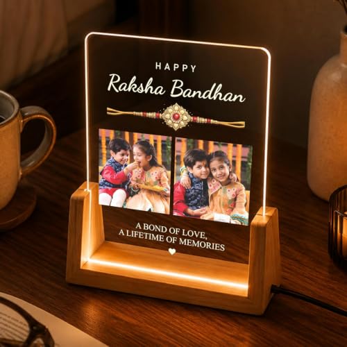 Image of Giftplease Personalized Raksha Bandhan LED Acrylic Photo Frame with Rakhi, Roli Chawal, Greeting Card, Wooden USB Night Lamp, Brother Sister Keepsake, Festival Decoration, Memory Display, Home Decor