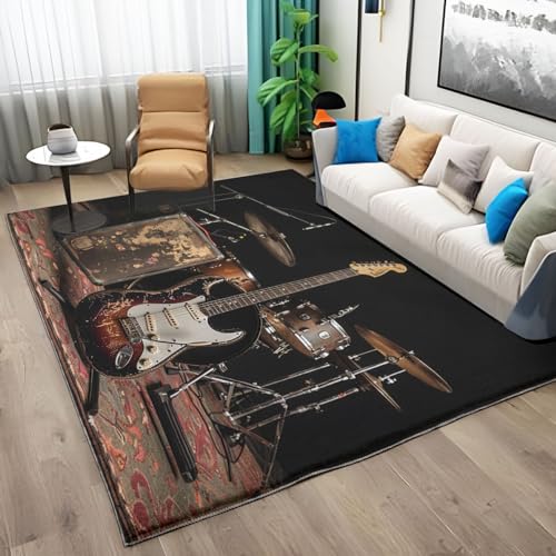 Tapis Salon Lavable Tapis Chambre Instrument de Musique Guitare Batterie Noir Tapis Rectangulaire...