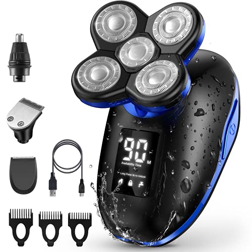 Electric Shaver for Blad Head Men, LED Display Rechargeable Electric Rotary Shaver, IPX7-Waterproof, Faster-Charging, Mens Grooming Kit, Beard Trimmer, Nose Hair & Hair Clippers (Blue)