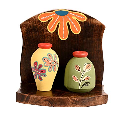 Image of AAKRITI ART CREATIONS Wooden Wall Decor Shelf with 2 Pots Floral Art | Handcrafted Wooden Hanging Shelf with Terracotta Vases | Matte Finish Decorative Wall Art for Living Room, Entryway & Gifting