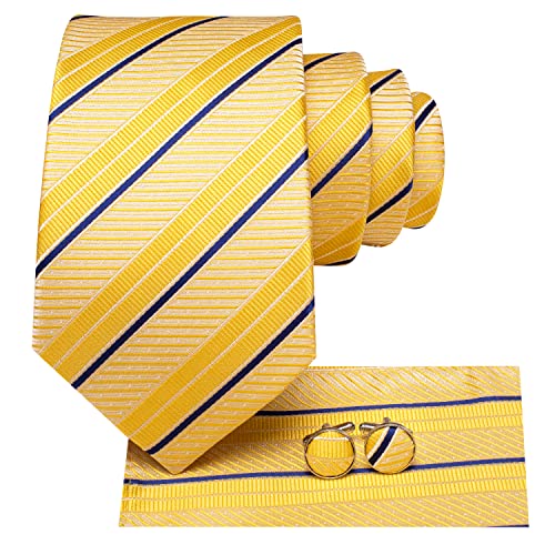 Dubulle Lemon Yellow Stripes Ties Set For Men Yellow And Blue Neckties Pocket Square Cufflinks Business #TOP1