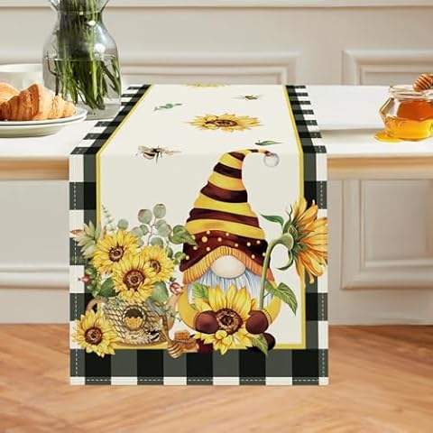 Bonhause Summer Sunflower Gnome Table Runner Cover
