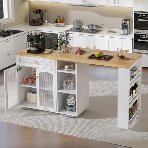 Image of LYNCOHOME 71.1 inch Rolling Kitchen Island with 360 Rotating Tabletop, Mobile Lockable Wheels & Adjustable Shelves, Multifunctional Storage Cart for Kitchen & Dining（White）