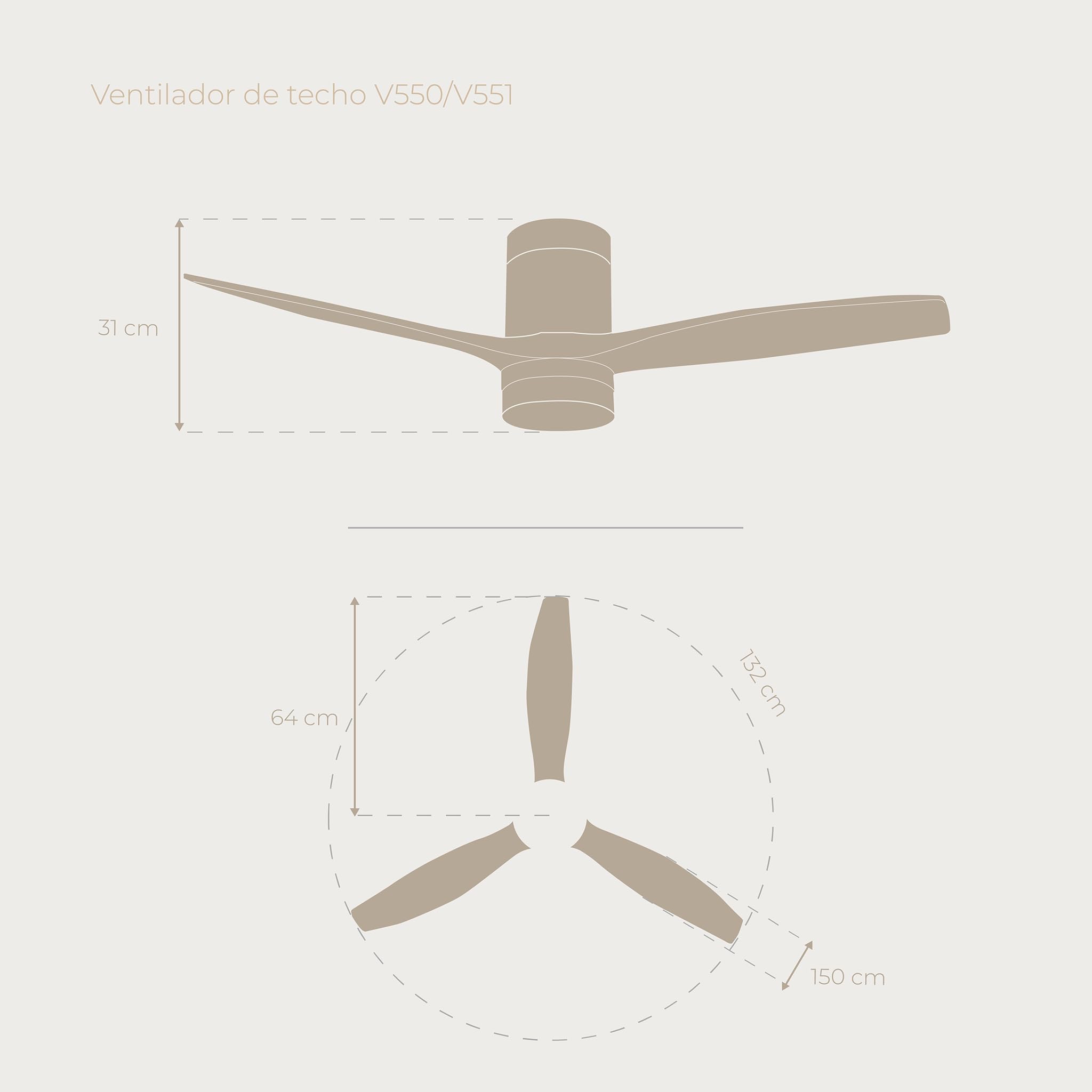 EVVO Ventilador de Techo con Luz LED y WIFI, Silencioso, Ø132cm, 3 Aspas, Motor DC 40W, 6 Velocidades, Temporizador hasta 4h, Función Invierno-Verano, Protección IP44 (Modelo: V551 Acabado Madera)