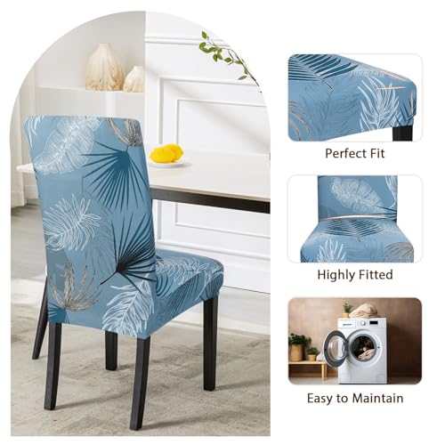 Image of SearchI Summer Pattern Dining Room Chair Covers Set of 4, Stretch Printed Parsons Chair Slipcovers Spandex Removable Washable Kitchen Chair Protector Cover for Dining Room, Hotel, Ceremony (Blue)