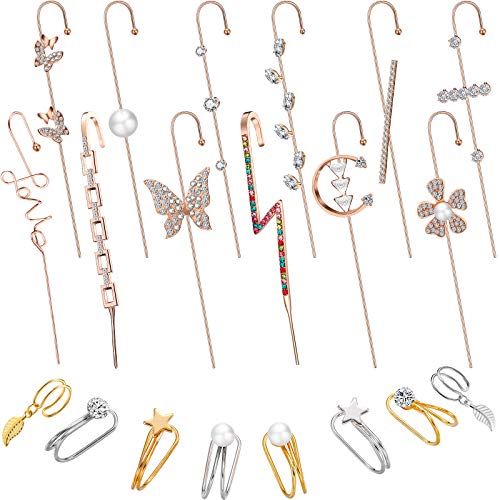 20 Pieces Ear Cuff Wrap Earrings Ear Cuffs Wrap Crawler Hook Earrings for Women Girls Climber Piercing Ear Cartilage Clip on Earrings, Rose Gold, Gold and Silver