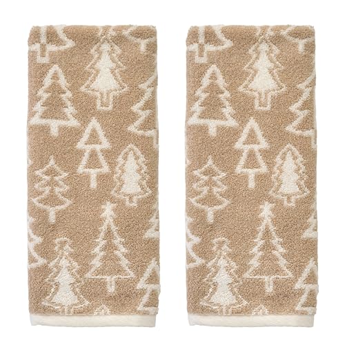 SKL Home Christmas/Winter Mod Tree 100% Cotton Premium 2-Piece Hand Towel Set, 450 GSM, Reversible Jacquard, Soft & Absorbent, Decorative for Bath/Kitchen/Bar, Tan