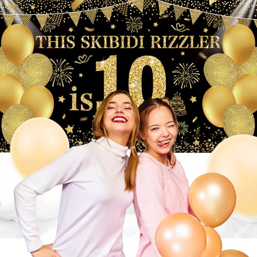 Image of Black Gold This Skibidi Rizzler is 10 No Cap Happy Birthday Backdrop Banner Photography Background Decorations for Boys Girls 10th Year Bday Party Accessories Supplies 72.8 * 43.3in