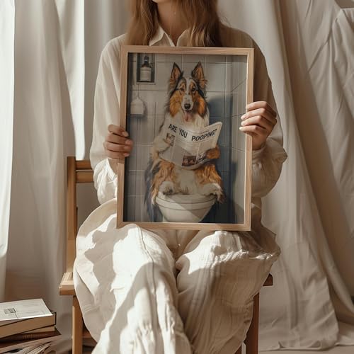 Image of Collie on Toilet Wood Framed Wall Art Print Poster, Dog Bathroom Humor Decor Posters Prints for Restroom Home Picture Painting Artwork Gallery 7 (Collie, 14 inchL x 11 inchW, Wood Frame)