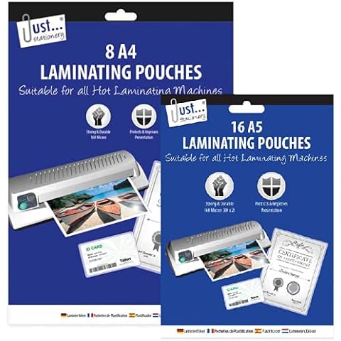 PaulStore A4/A5 Laminating Pouches Gloss Laminator Laminate Sheets Sleeves 140-70x2 Micron (A5 16 Pouches) Cover