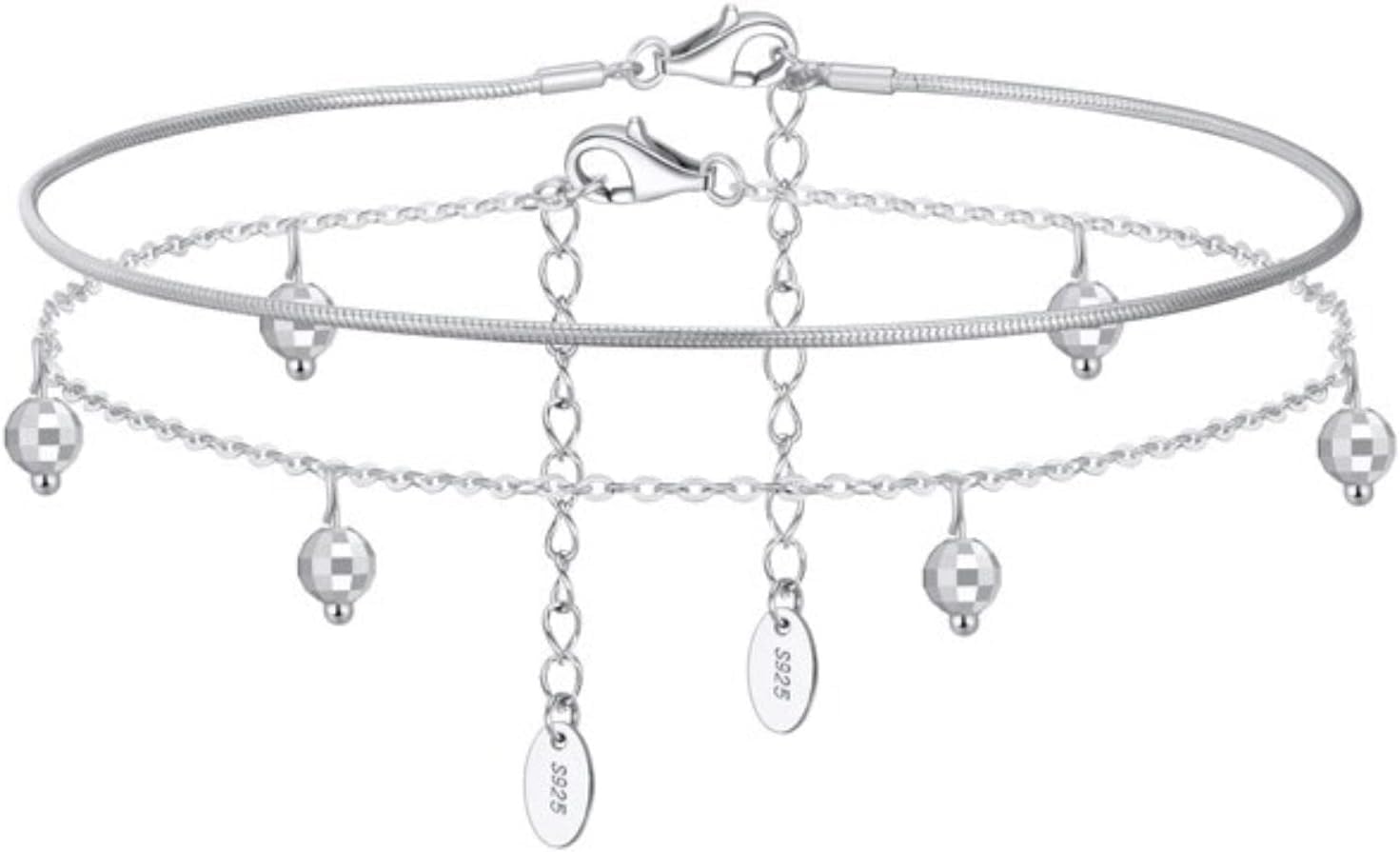Pulsera de pie, cadenas for el tobillo, 2 piezas / juego Plata de ley 925 Cadena de cable de cadena de serpiente de 1,0 mm con cuentas Tobilleras de cadena for mujer Joyería de cadena de pie de verano