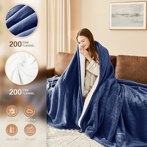 Image of Homemate Electric Heated Blanket King Size - 100 inchx90 inch Heating Bed Blankets Throw with 8 Hours Auto Off 10 Heating Levels Fast Heating Over-Heated Protection Soft Warm Flannel Bed ETL Certified Navy