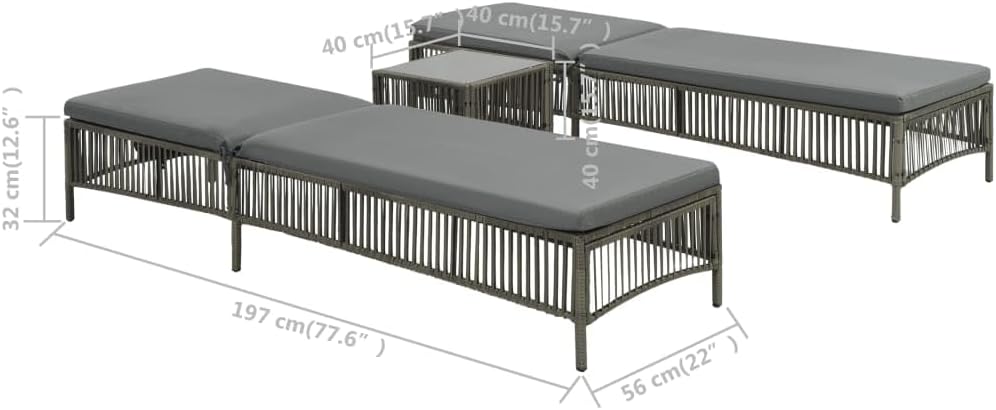 Sunloungers 2 pcs with Table,Lawn Lounger,Gardens Furniture,Lounge Loungers,Pool Loungers,Deck Lounger,Party Chair,Napping Loungers,for Lawn,Backyard,Garden, Balcony,Pool,Balcony,Poly Rattan Gray