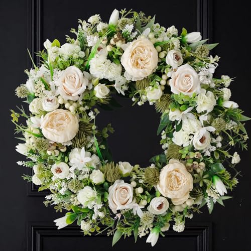 Artificial Floral Wreath for Front Door, 22' White Peony Rose Wreath for Indoor Outdoor Home Wall Window Wedding Decorations