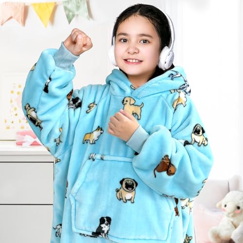 Image of Waitu Wearable Blanket for Kids, Wearable Blanket Hoodie Gifts for Teens Girls and Boys, Warm Blanket Sweatshirt for Teenage, Hoodie Blanket with Sleeves - Light Blue