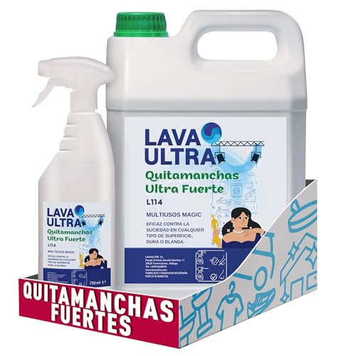 LavaUltra Quitamanchas Ultra Fuerte 5L+ Spray 750 ml. – Potente Limpiador Multiuso Para Todo Tipo de Superficies: Cocina, Mecánica,Baño,Zapatillas,Tapicería, Mesas,Suelos,Sartenes,Hornillas y Mas.